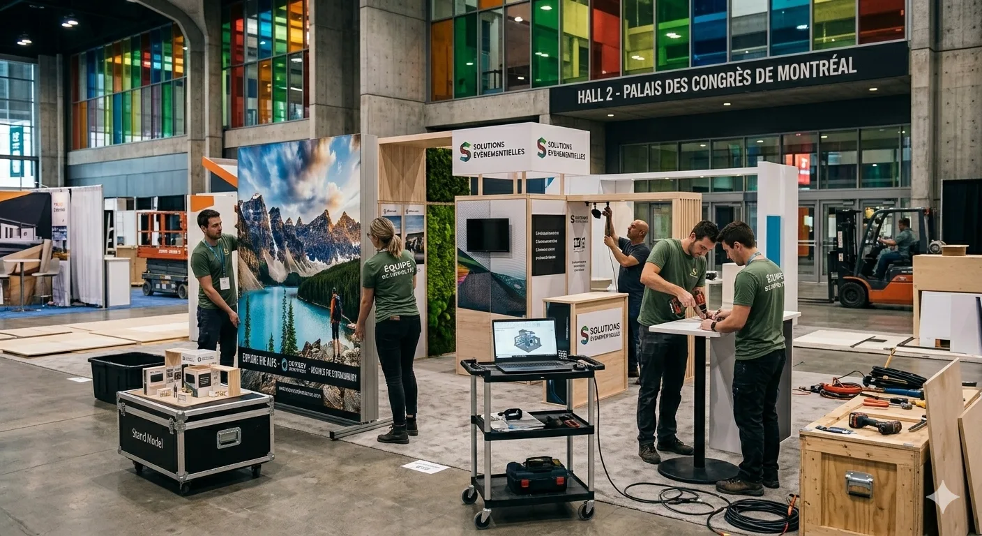 Équipe sur place assurant l'installation d'un stand au Palais des congrès de Montréal