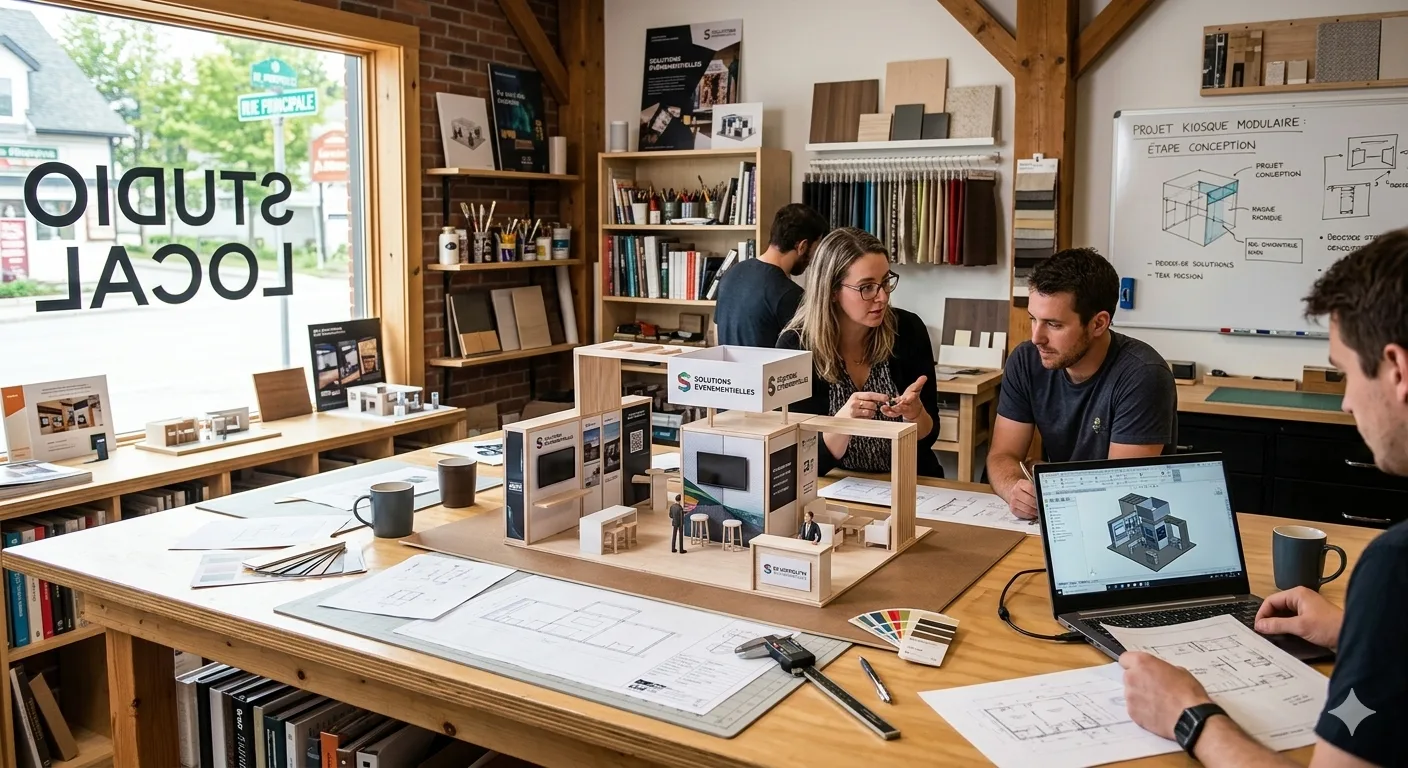 Studio local concevant la maquette d'un kiosque modulaire en atelier à Montréal
