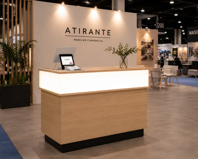 Comptoir rétroéclairé éclairé par DEL servant de point d'accueil dans un kiosque de salon