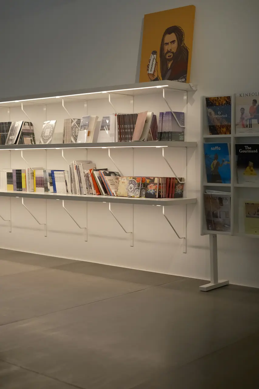 Présentoirs muraux éclairés par des LED présentant des magazines et des livres dans un espace moderne