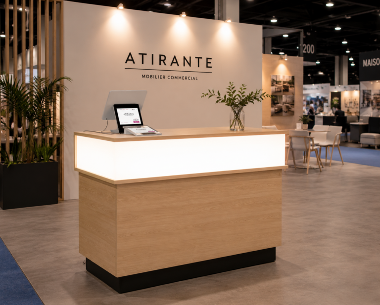 Comptoir rétroéclairé éclairé par DEL servant de point d'accueil dans un kiosque de salon