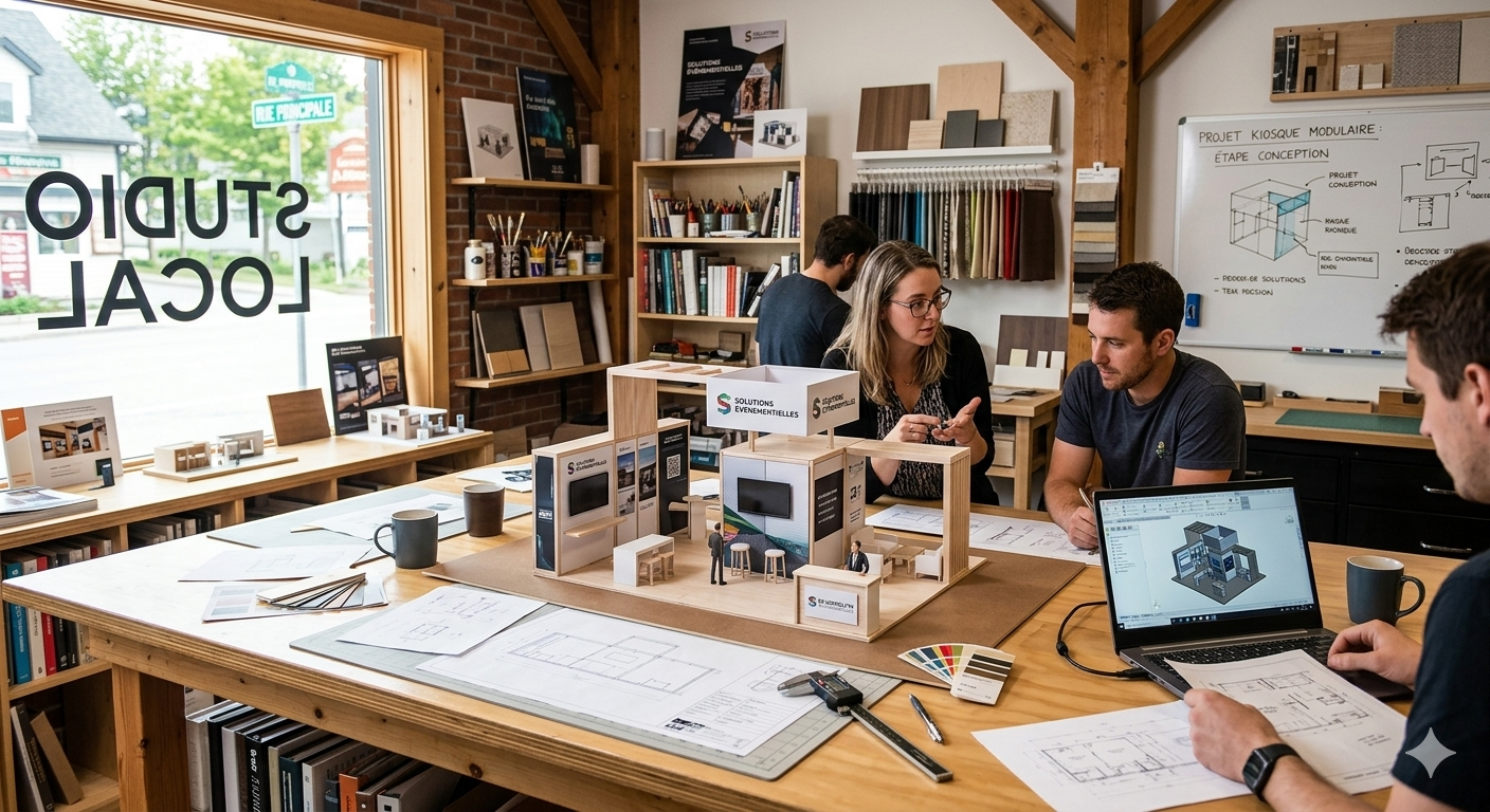 Studio local concevant la maquette d'un kiosque modulaire en atelier à Montréal