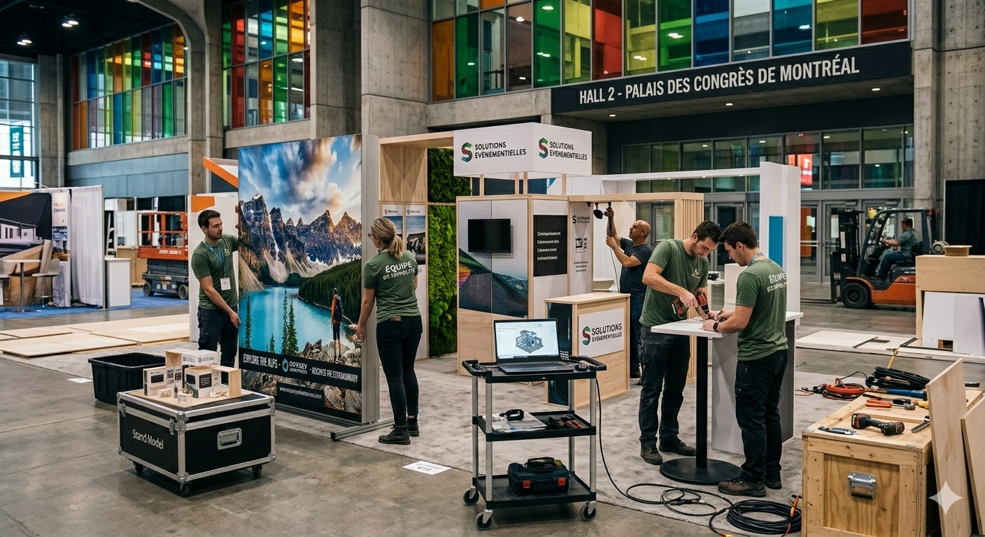 Équipe sur place assurant l'installation d'un stand au Palais des congrès de Montréal